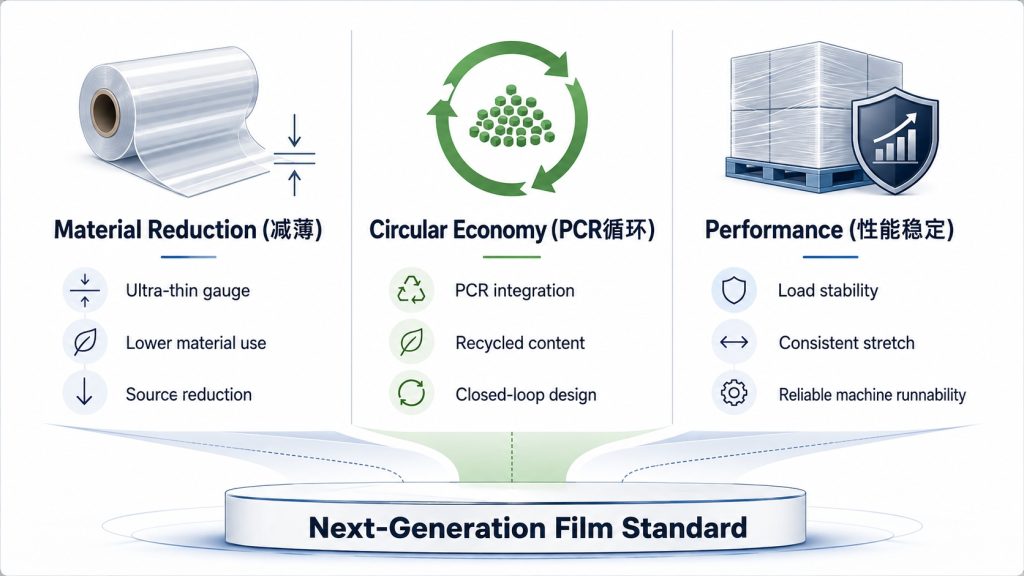 diagram showing the intersection of material reduction, circular economy, and mechanical performance in modern packaging films