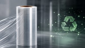 high clarity ultra thin stretch film roll next to a green circular economy recycling symbol, representing modern sustainable packaging trends